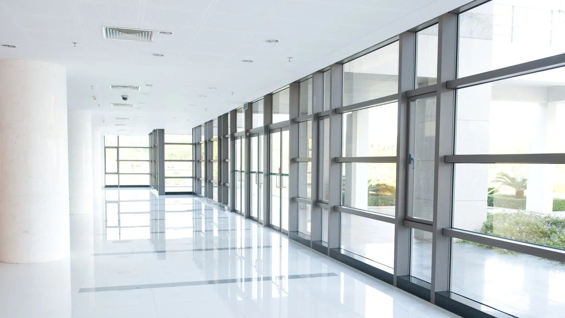 Looking out the windows at a new commercial real estate building in Florida. 