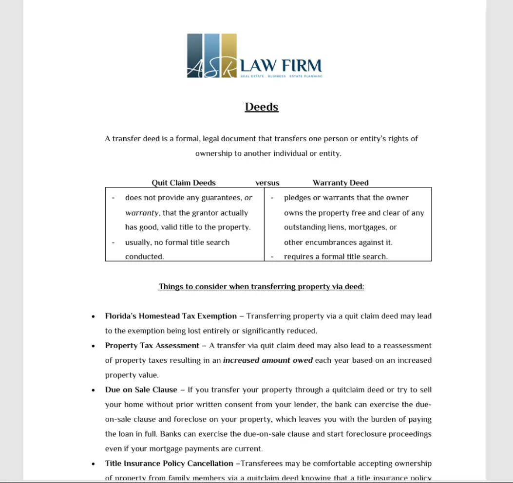 An image of the all about deeds checklist from ASR Law Firm. 