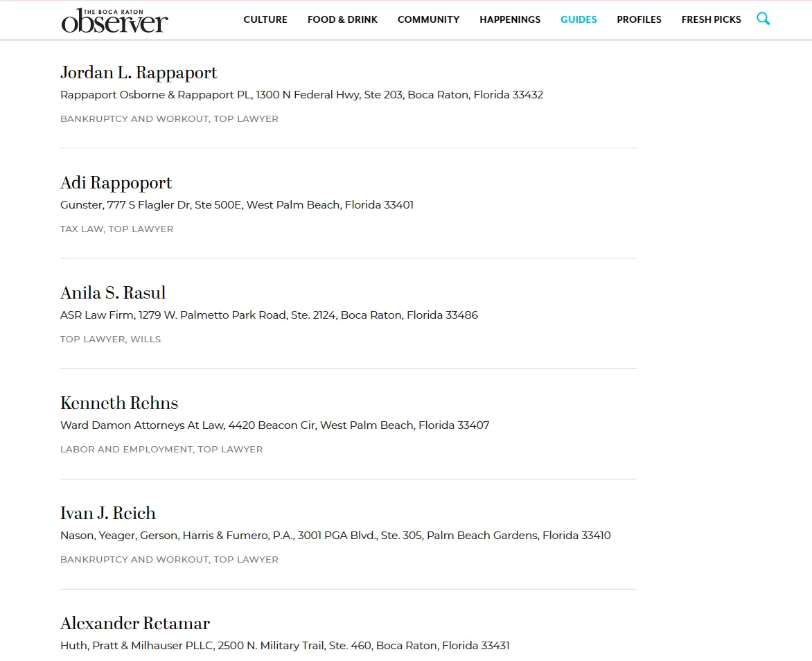 An image of the Boca Raton Observer website where ASR Law Firm is featured as a top lawyer in Palm Beach.