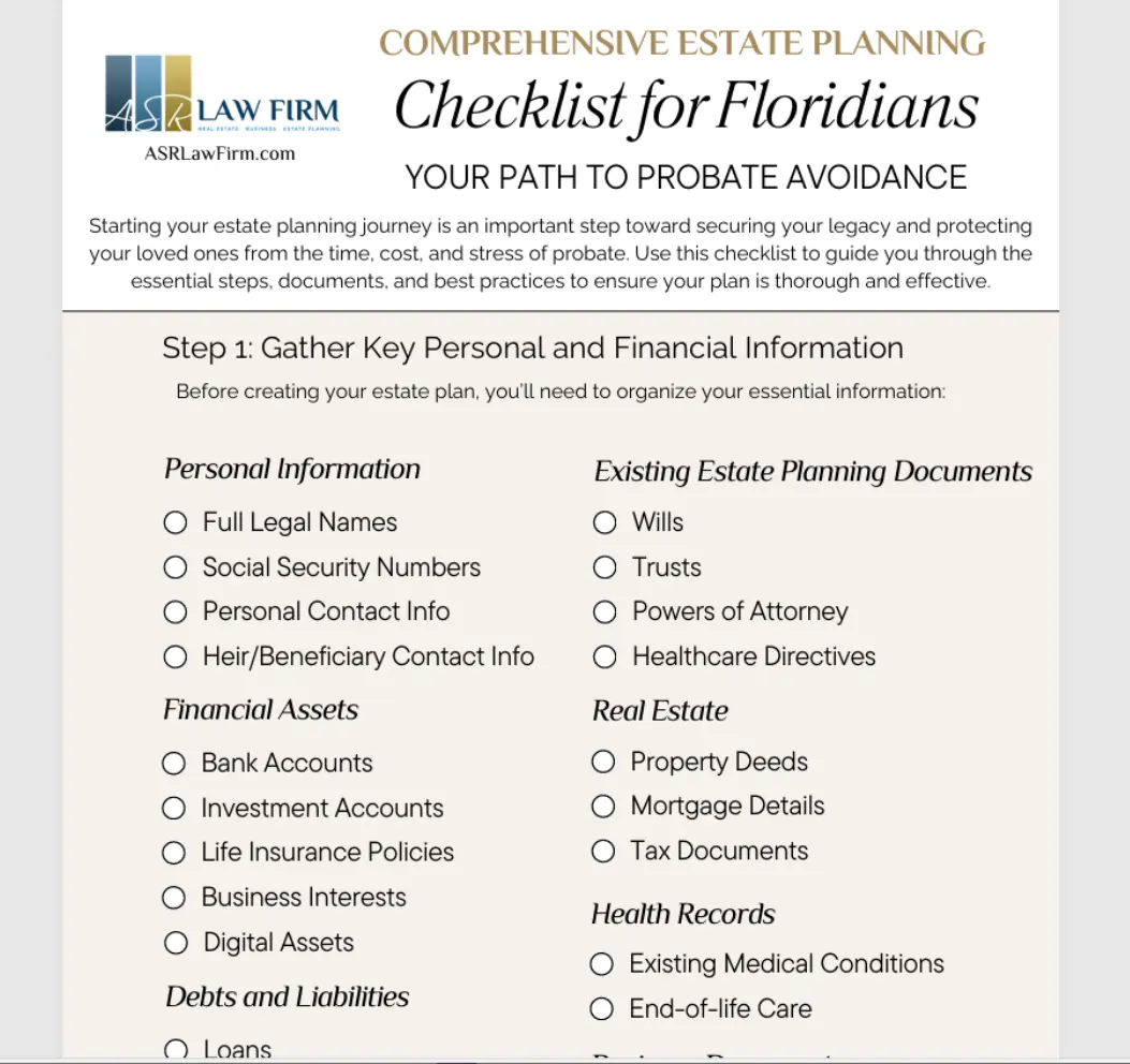An image of the Estate Planning Checklist for Floridians from ASR Law Firm. 
