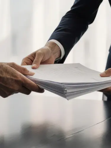 An image of people handing off governing documents in a corporate setting.