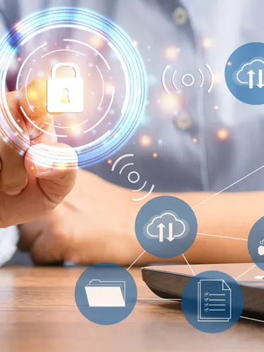 An image of a person touching a virtual lock icon showing the secure nature of the virtual legal services at ASR law Firm.